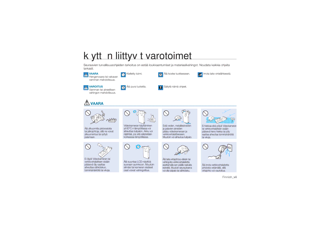 Samsung HMX-U10UP/EDC, HMX-U10BP/EDC, HMX-U10RP/EDC, HMX-U10EP/EDC, HMX-U10SP/EDC Käyttöön liittyvät varotoimet, Varoitus 