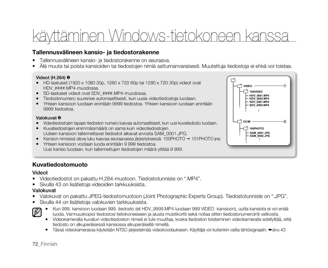 Samsung HMX-U10BP/EDC, HMX-U10RP/EDC, HMX-U10UP/EDC, HMX-U10EP/EDC manual Tallennusvälineen kansio- ja tiedostorakenne 