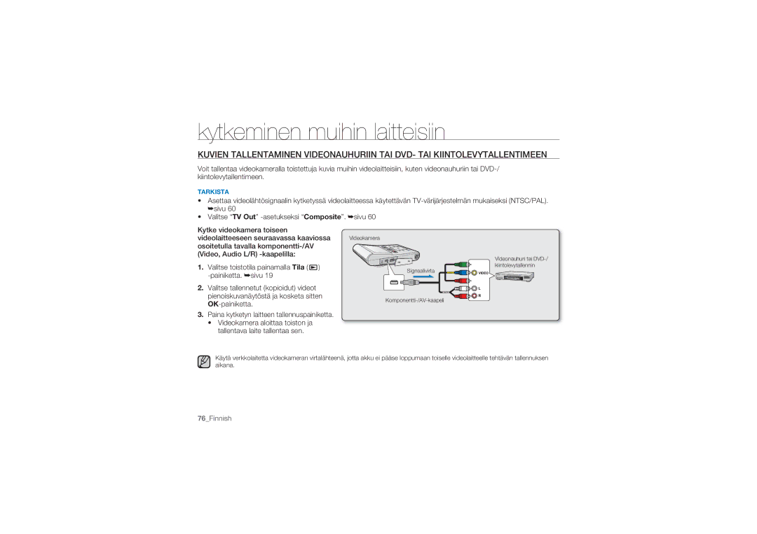 Samsung HMX-U10SP/EDC, HMX-U10BP/EDC, HMX-U10RP/EDC, HMX-U10UP/EDC, HMX-U10EP/EDC manual 76Finnish 