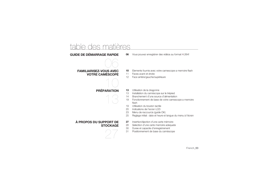 Samsung HMX-U10UP/EDC, HMX-U10BP/EDC, HMX-U10RP/EDC manual Table des matières, FAMILIARISEZ-VOUS Avec Votre Caméscope 