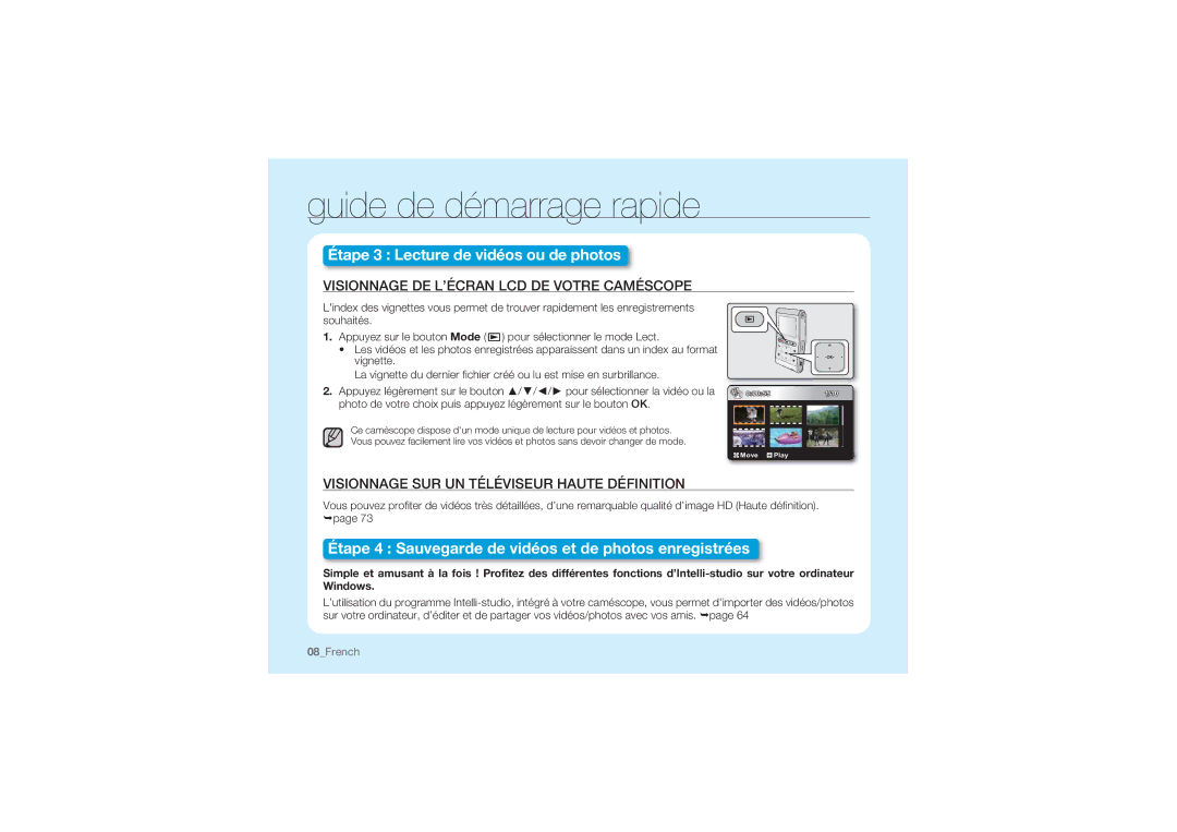 Samsung HMX-U10RP/EDC manual Visionnage DE L’ÉCRAN LCD DE Votre Caméscope, Visionnage SUR UN Téléviseur Haute Définition 