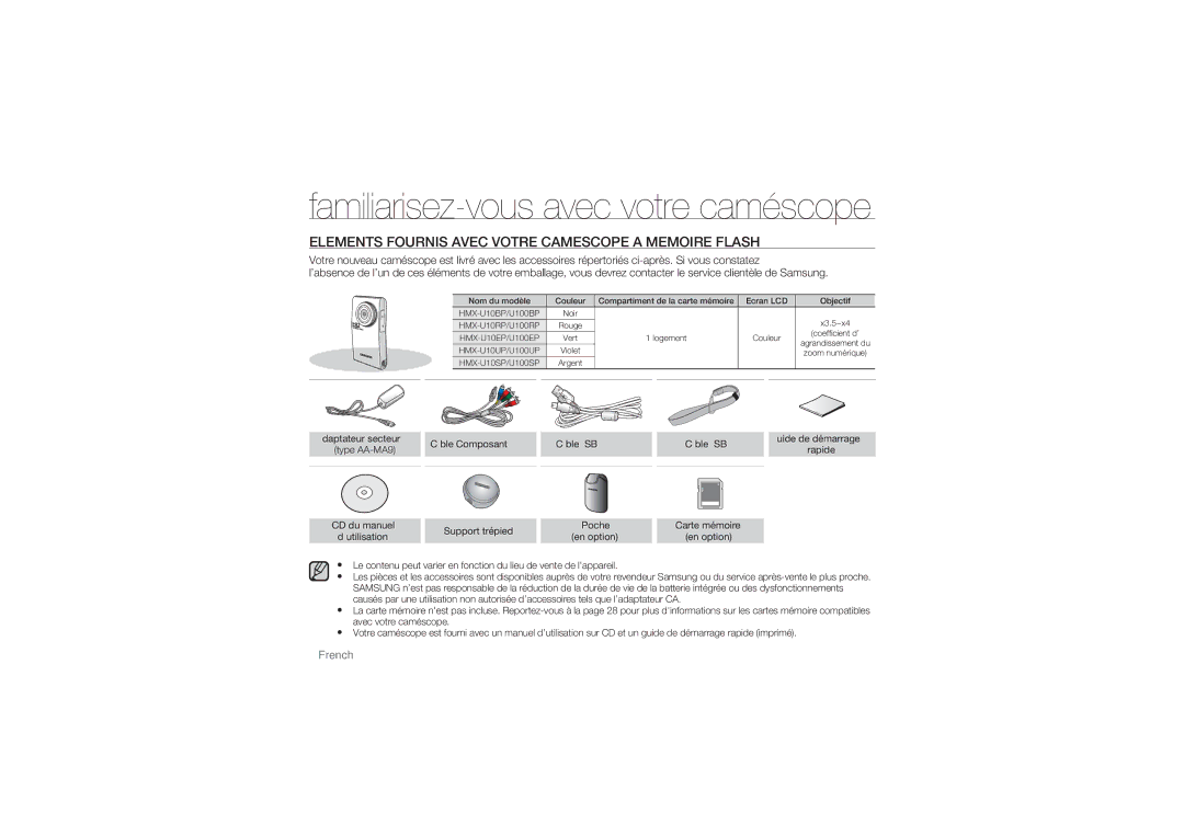 Samsung HMX-U10BP/EDC manual Elements Fournis Avec Votre Camescope a Memoire Flash, Support trépied Poche Carte mémoire 