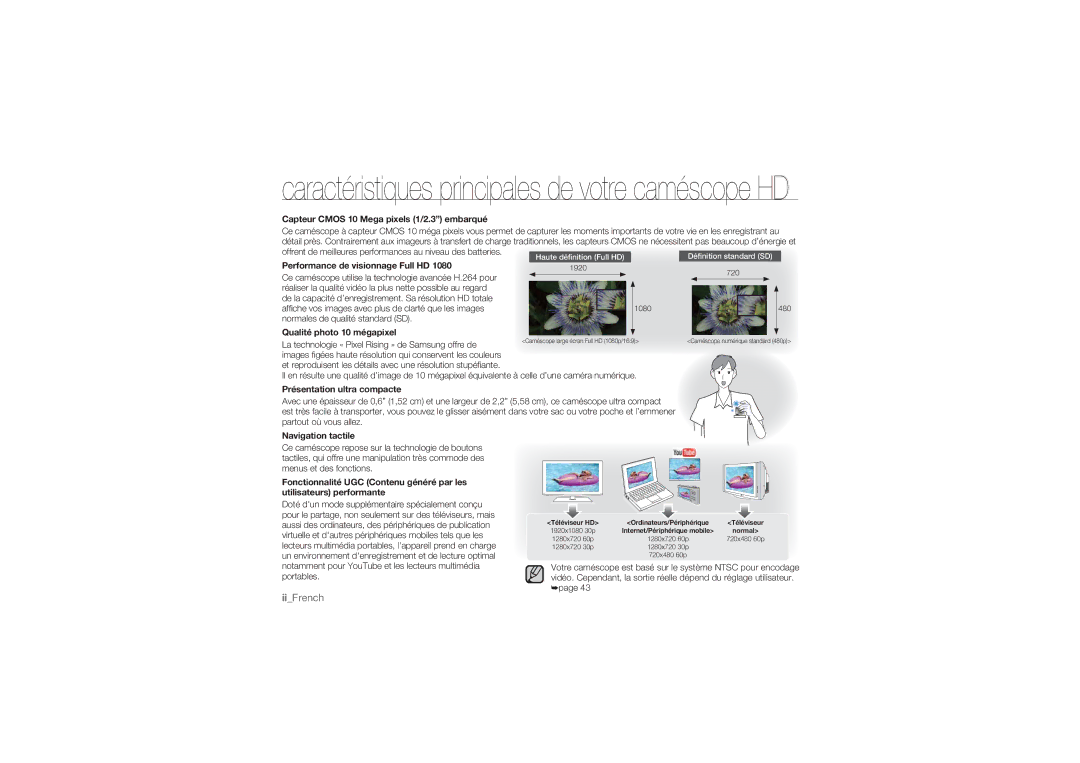 Samsung HMX-U10UP/EDC Capteur Cmos 10 Mega pixels 1/2.3 embarqué, Performance de visionnage Full HD, Navigation tactile 