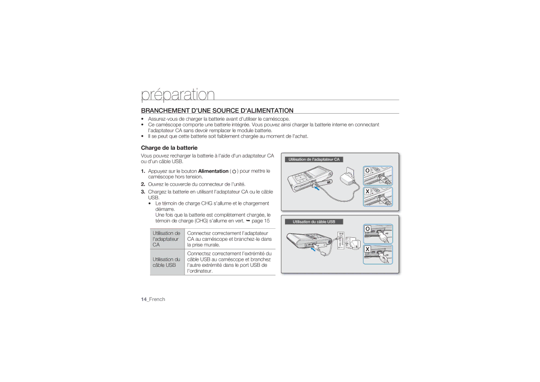 Samsung HMX-U10RP/EDC, HMX-U10BP/EDC, HMX-U10UP/EDC manual Branchement D’UNE Source Dalimentation, Charge de la batterie 