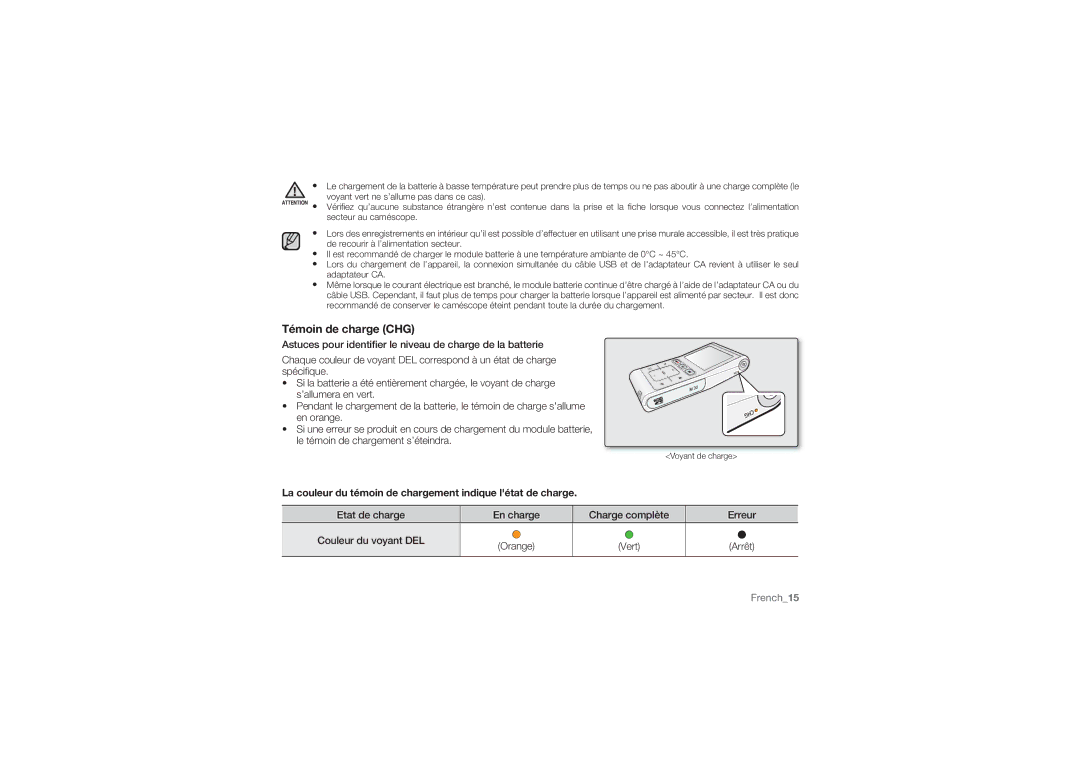 Samsung HMX-U10UP/EDC, HMX-U10BP/EDC manual Témoin de charge CHG, La couleur du témoin de chargement indique létat de charge 