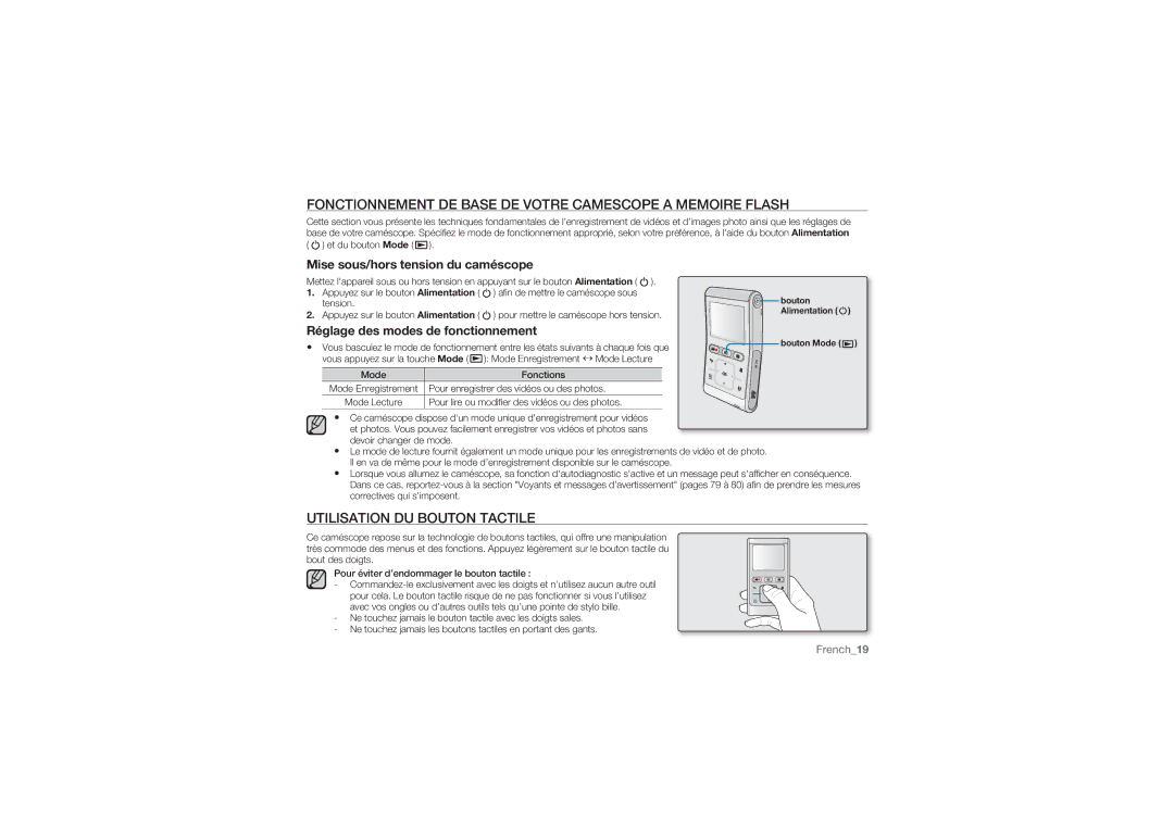 Samsung HMX-U10BP/EDC manual Fonctionnement DE Base DE Votre Camescope a Memoire Flash, Utilisation DU Bouton Tactile 