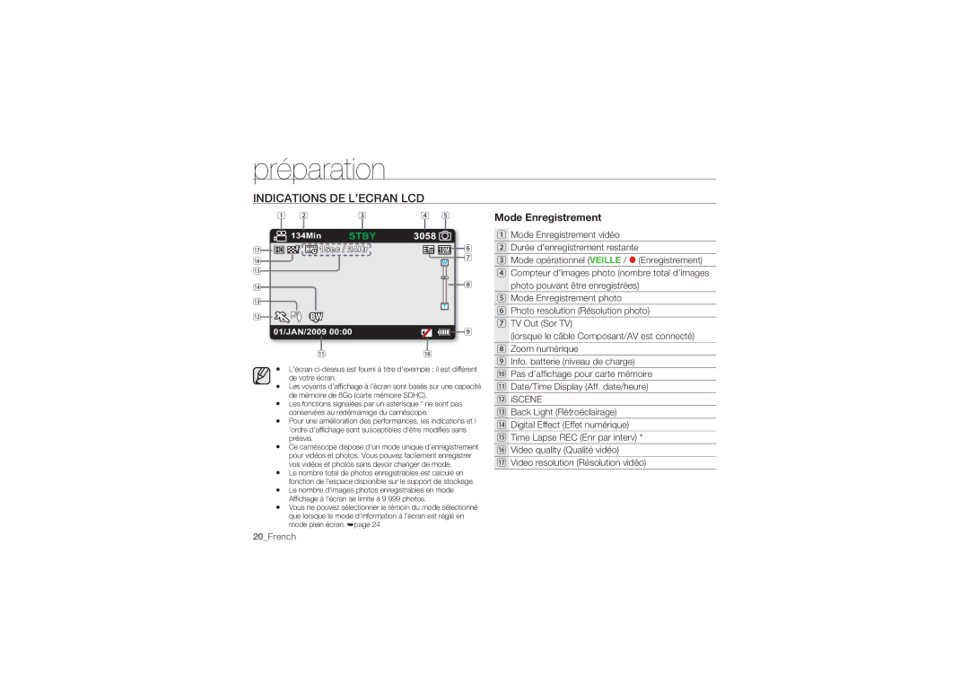 Samsung HMX-U10RP/EDC, HMX-U10BP/EDC, HMX-U10UP/EDC manual Indications DE L’ECRAN LCD, Mode Enregistrement 