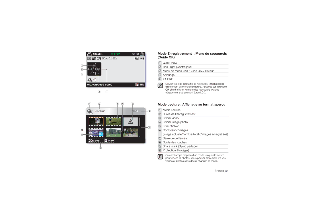 Samsung HMX-U10UP/EDC manual Mode Enregistrement Menu de raccourcis, Guide OK, Mode Lecture Afﬁchage au format aperçu 