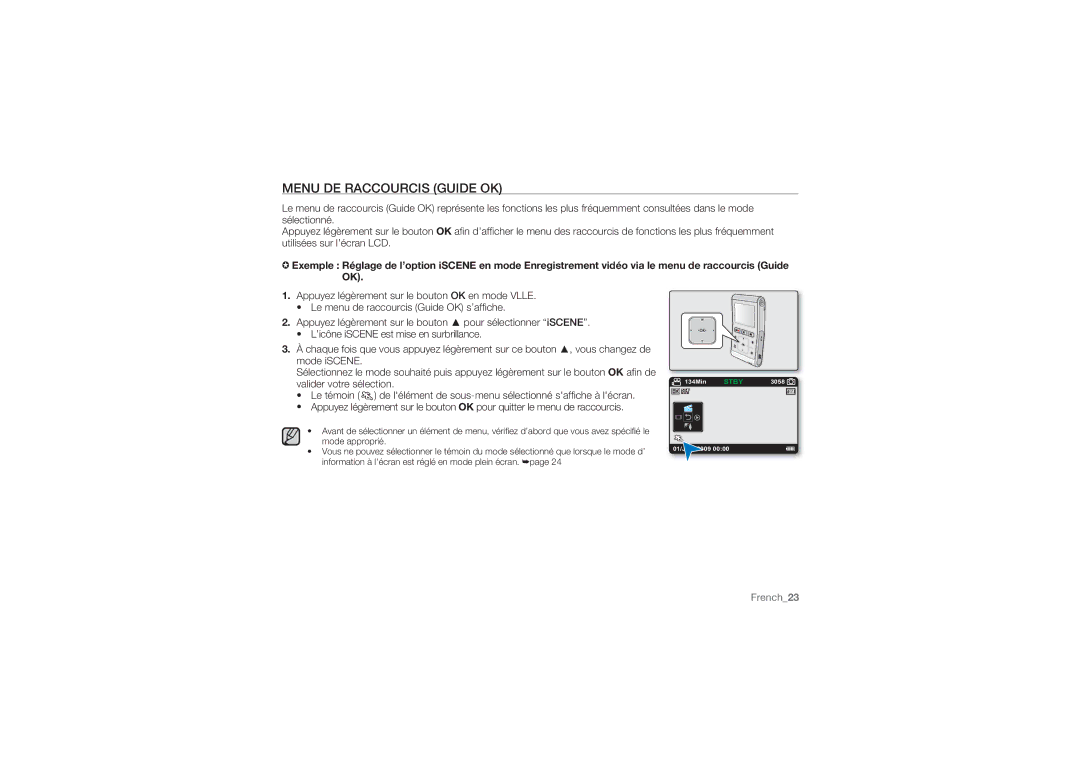 Samsung HMX-U10RP/EDC, HMX-U10BP/EDC, HMX-U10UP/EDC manual Menu DE Raccourcis Guide OK 