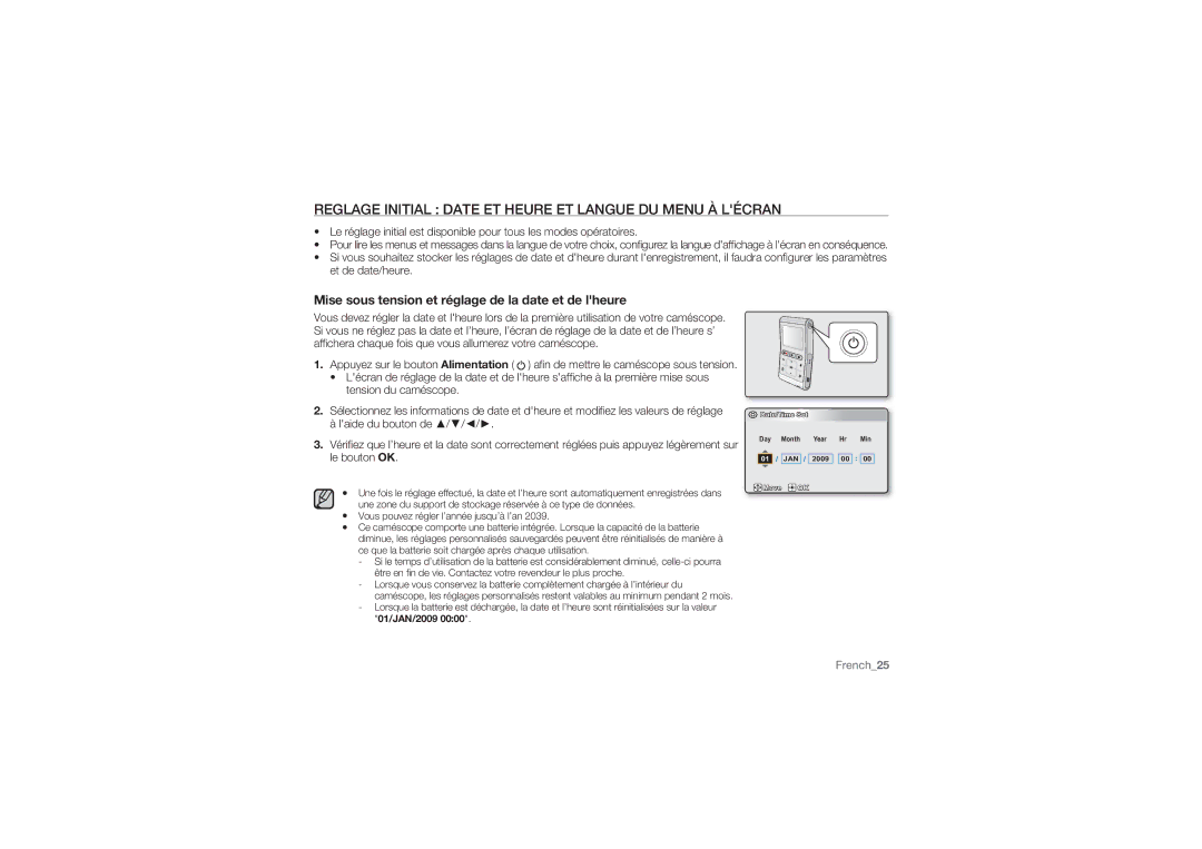 Samsung HMX-U10BP/EDC, HMX-U10RP/EDC, HMX-U10UP/EDC manual Reglage Initial Date ET Heure ET Langue DU Menu À Lécran 