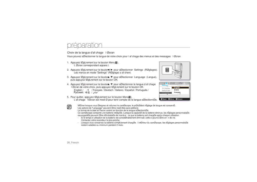 Samsung HMX-U10RP/EDC, HMX-U10BP/EDC, HMX-U10UP/EDC manual Choix de la langue dafﬁchage à l’écran 