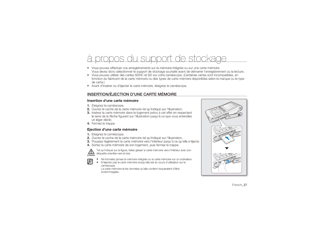 Samsung HMX-U10UP/EDC Propos du support de stockage, INSERTION/ÉJECTION D’UNE Carte Mémoire, Insertion dune carte mémoire 