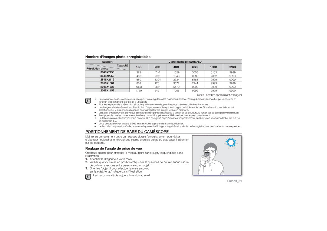 Samsung HMX-U10BP/EDC, HMX-U10RP/EDC manual Positionnement DE Base DU Caméscope, Nombre dimages photo enregistrables 