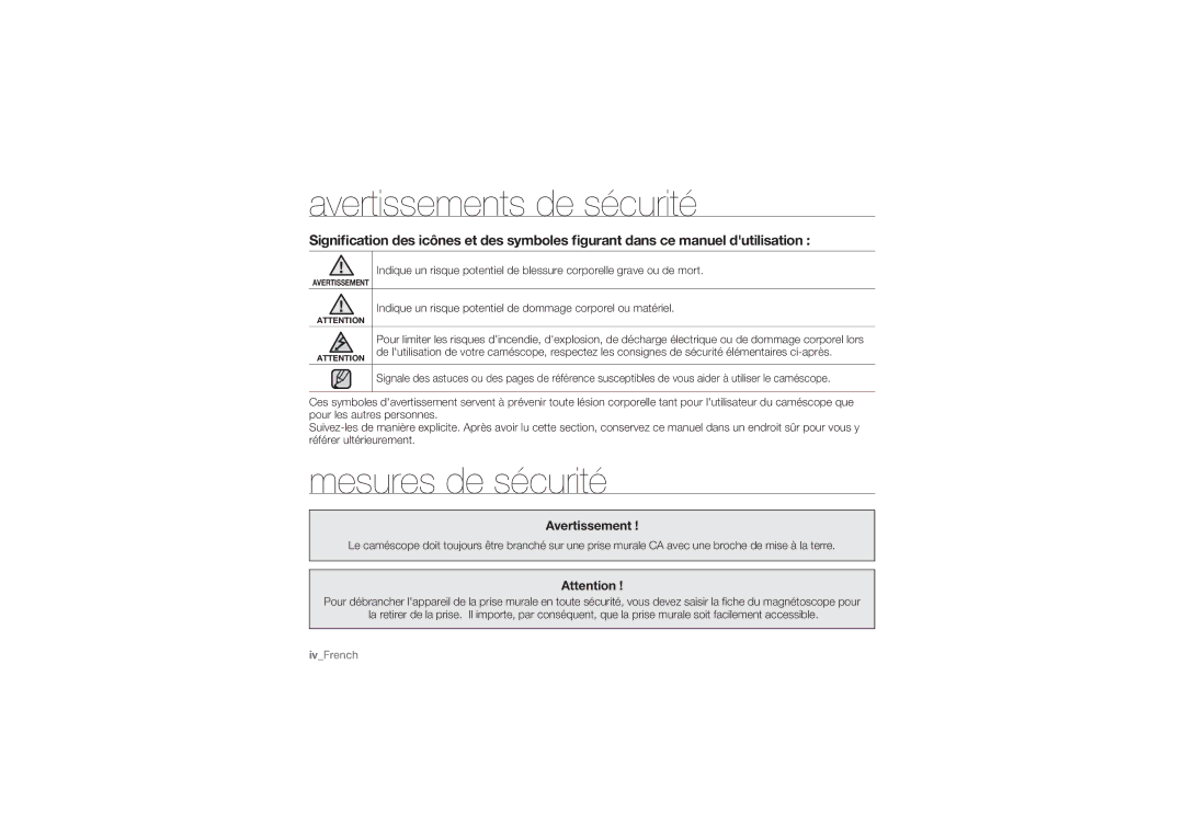 Samsung HMX-U10RP/EDC, HMX-U10BP/EDC, HMX-U10UP/EDC manual Avertissements de sécurité, Mesures de sécurité 