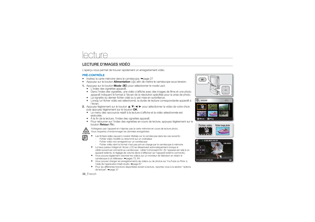 Samsung HMX-U10UP/EDC, HMX-U10BP/EDC, HMX-U10RP/EDC manual Lecture D’IMAGES Vidéo, Pré-Contrôle 