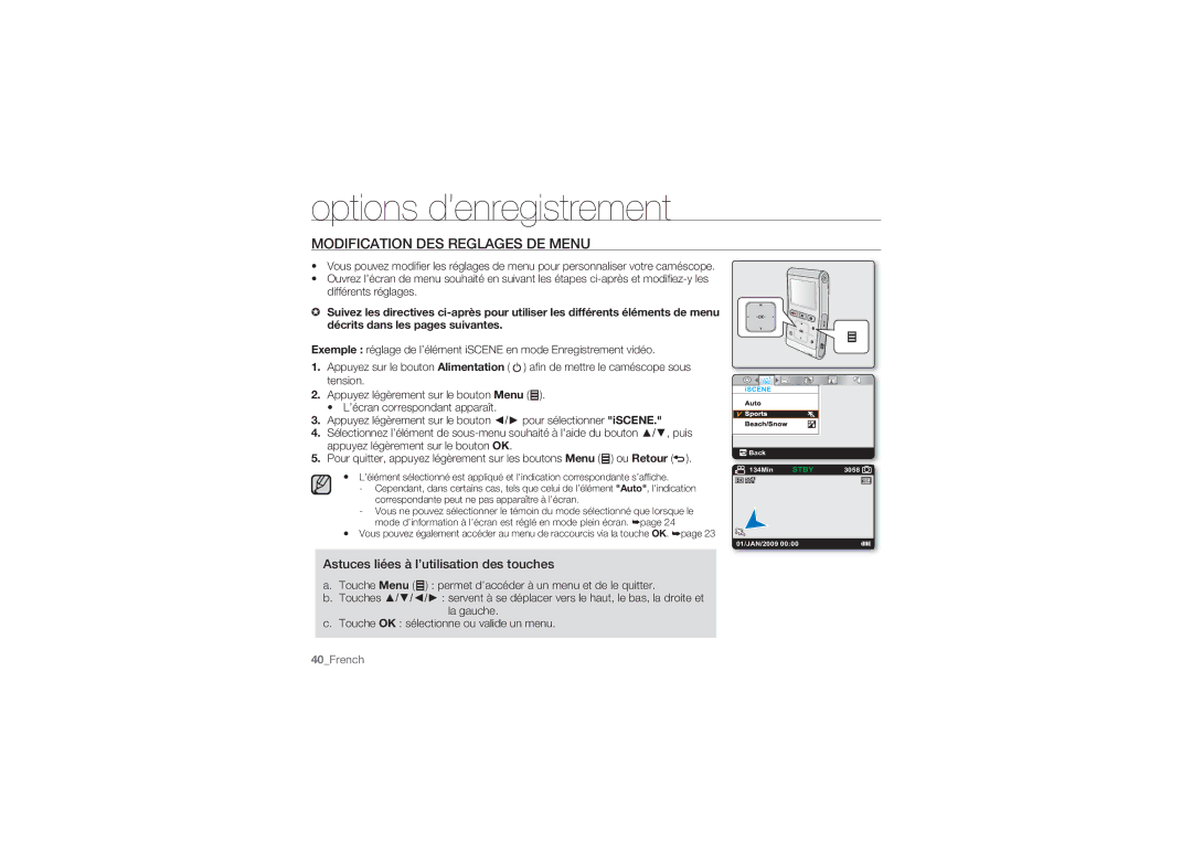 Samsung HMX-U10BP/EDC, HMX-U10RP/EDC, HMX-U10UP/EDC manual Options d’enregistrement, Modification DES Reglages DE Menu 