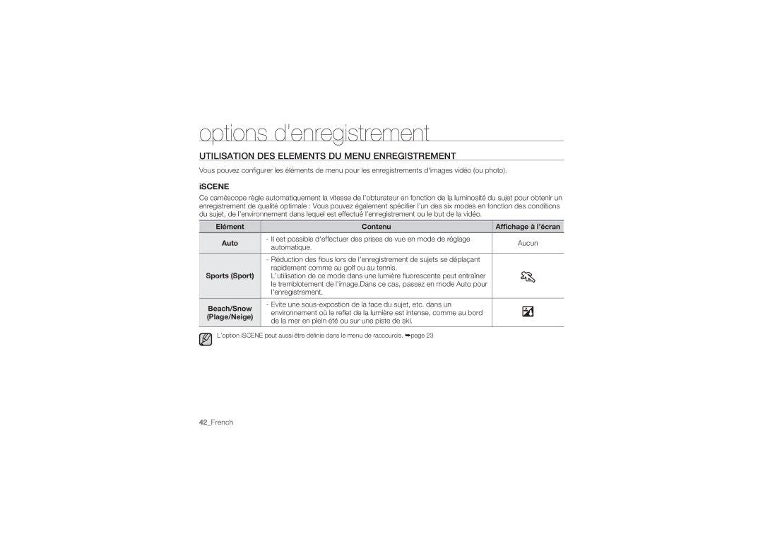 Samsung HMX-U10UP/EDC, HMX-U10BP/EDC manual Utilisation DES Elements DU Menu Enregistrement, Iscene, Elément Contenu 