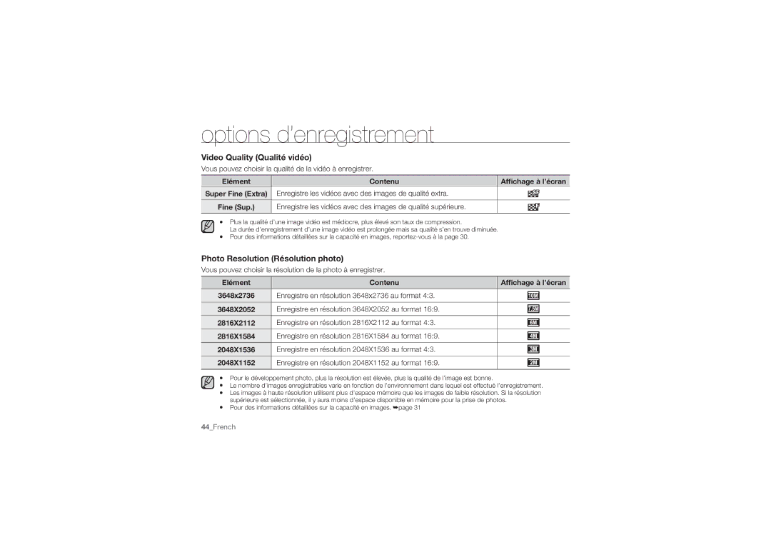 Samsung HMX-U10RP/EDC, HMX-U10BP/EDC, HMX-U10UP/EDC manual Video Quality Qualité vidéo, Photo Resolution Résolution photo 