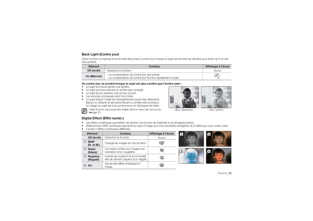 Samsung HMX-U10UP/EDC, HMX-U10BP/EDC, HMX-U10RP/EDC manual Back Light Contre jour, Digital Effect Effet numér 