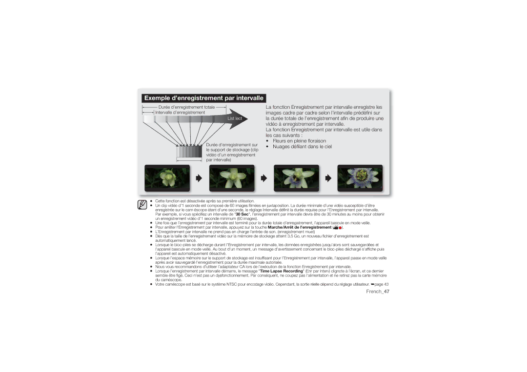 Samsung HMX-U10RP/EDC, HMX-U10BP/EDC, HMX-U10UP/EDC manual Exemple d’enregistrement par intervalle 