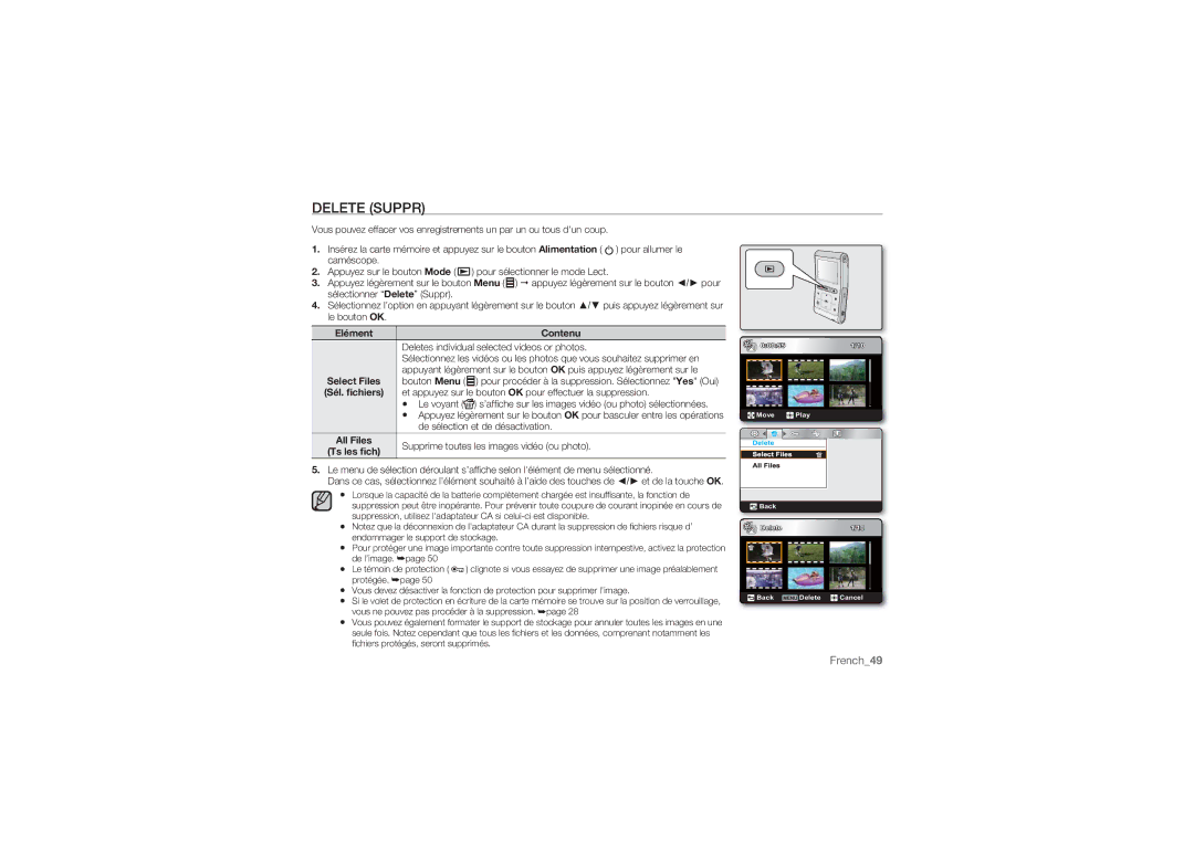 Samsung HMX-U10BP/EDC, HMX-U10RP/EDC, HMX-U10UP/EDC manual Delete Suppr, Elément 