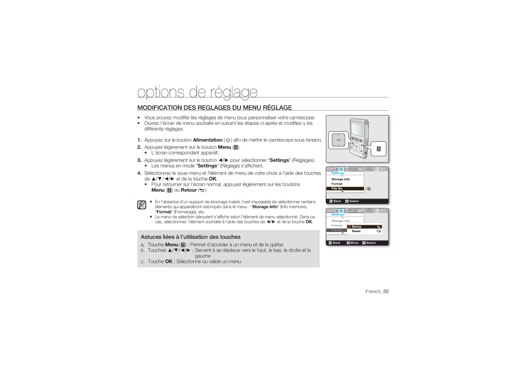 Samsung HMX-U10BP/EDC, HMX-U10RP/EDC, HMX-U10UP/EDC manual Options de réglage, Modification DES Reglages DU Menu Réglage 