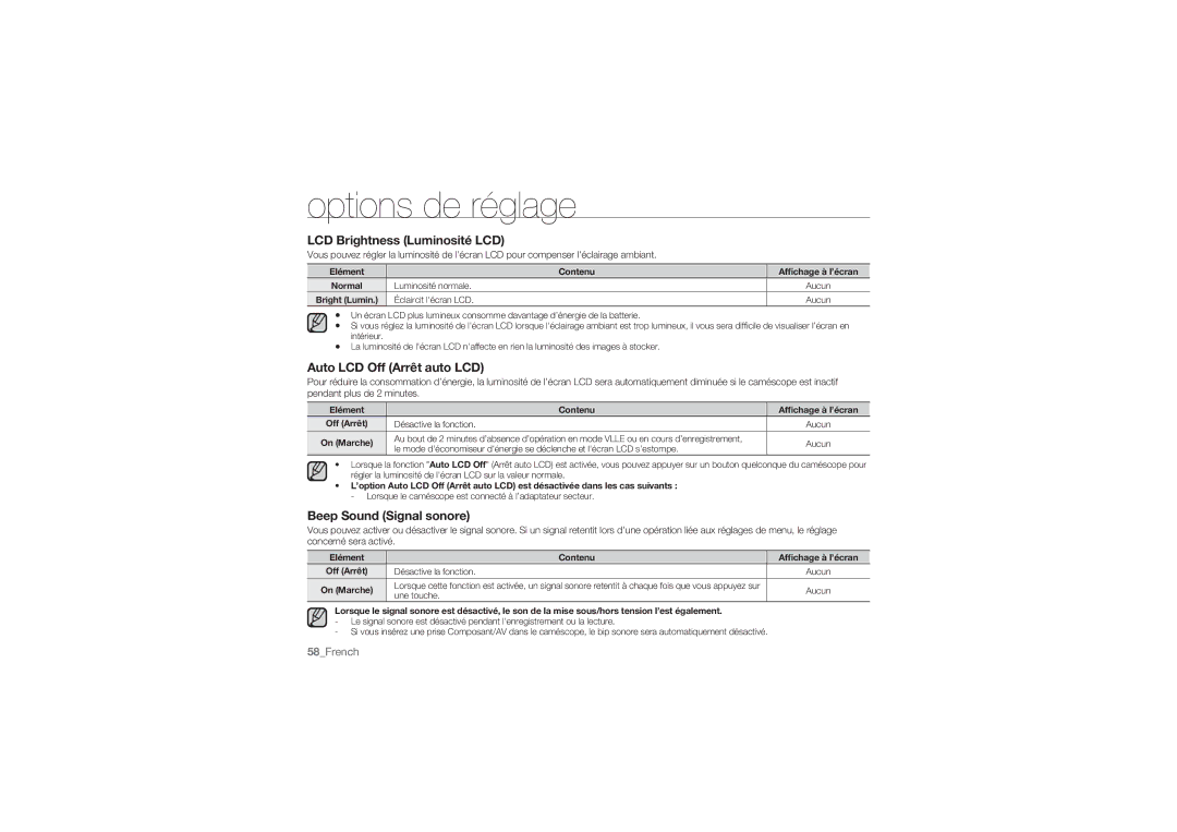 Samsung HMX-U10BP/EDC, HMX-U10RP/EDC LCD Brightness Luminosité LCD, Auto LCD Off Arrêt auto LCD, Beep Sound Signal sonore 