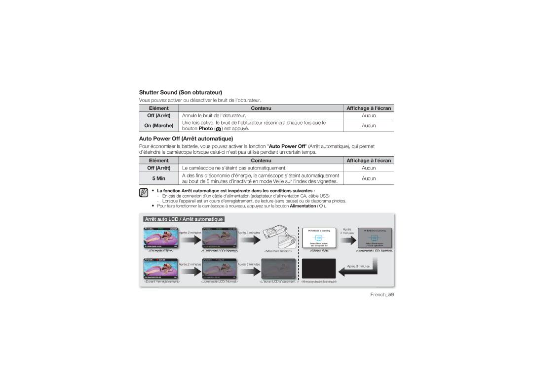 Samsung HMX-U10RP/EDC, HMX-U10BP/EDC, HMX-U10UP/EDC manual Shutter Sound Son obturateur, Auto Power Off Arrêt automatique 