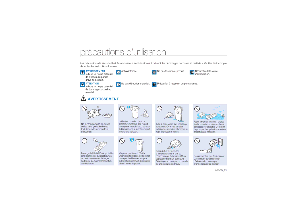 Samsung HMX-U10RP/EDC, HMX-U10BP/EDC, HMX-U10UP/EDC manual Précautions d’utilisation, Avertissement 