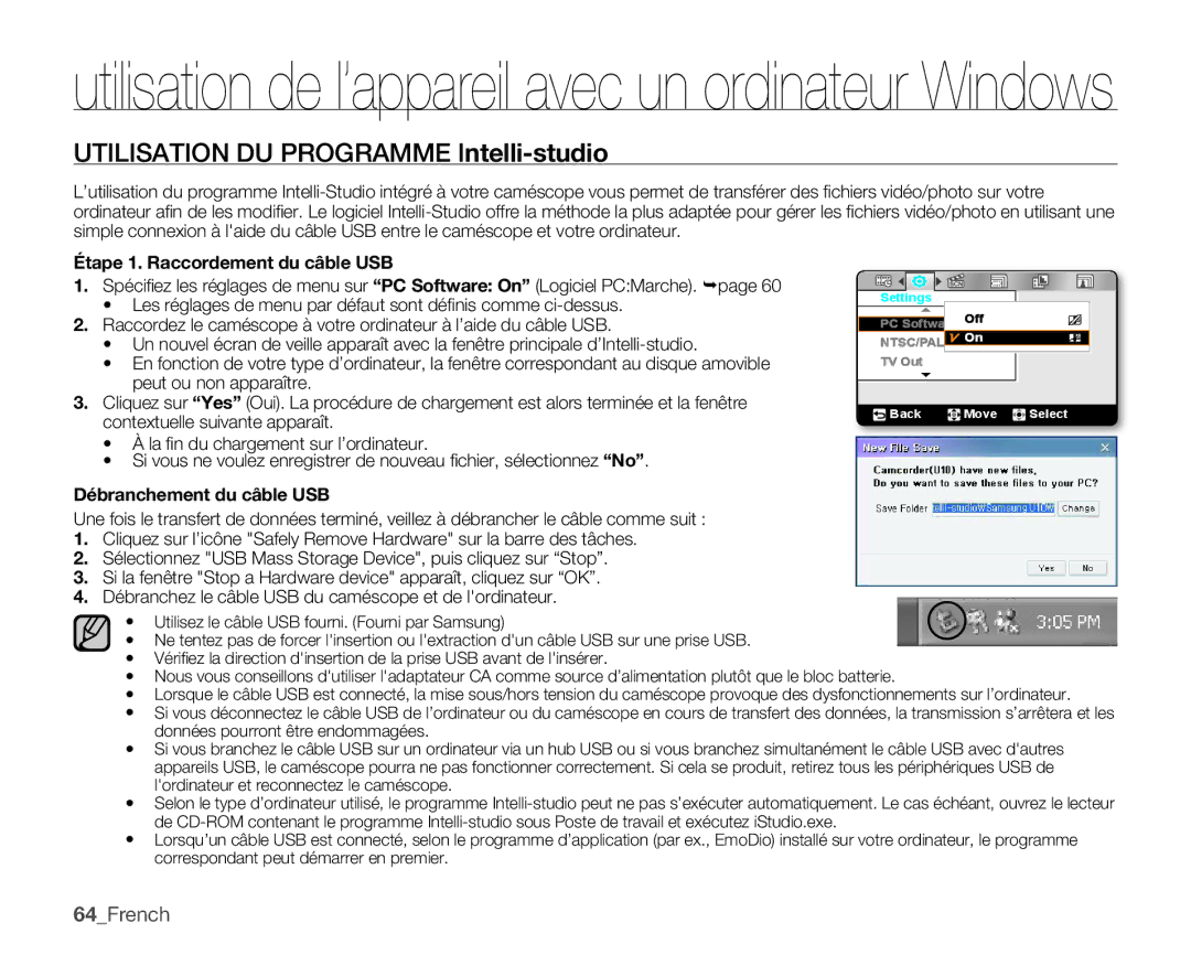 Samsung HMX-U10BP/EDC, HMX-U10RP/EDC, HMX-U10UP/EDC manual Utilisation de l’appareil avec un ordinateur Windows 