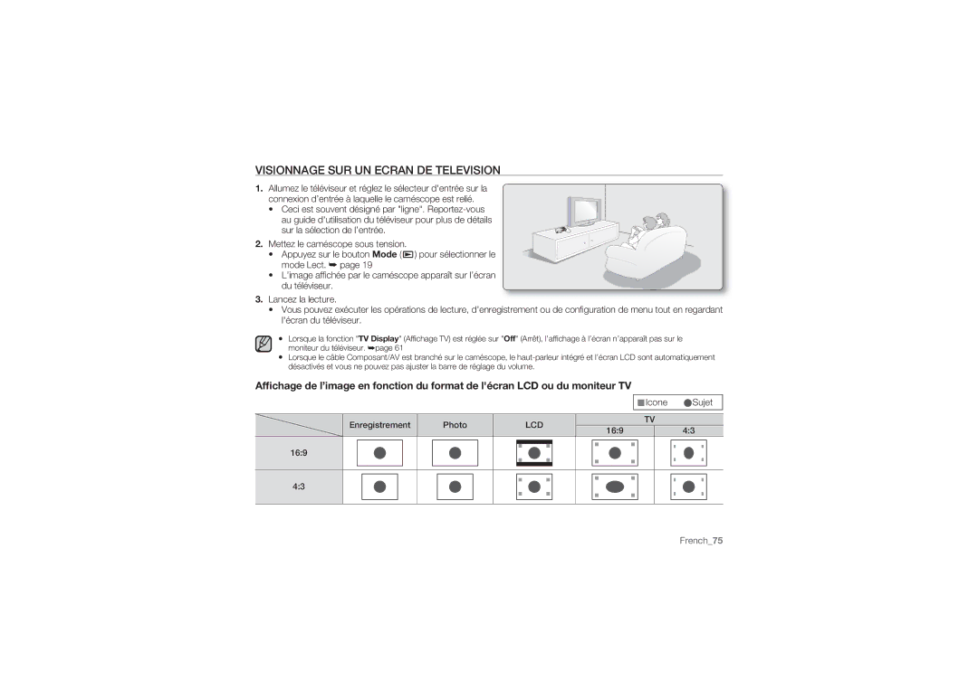 Samsung HMX-U10UP/EDC, HMX-U10BP/EDC, HMX-U10RP/EDC manual Visionnage SUR UN Ecran DE Television 