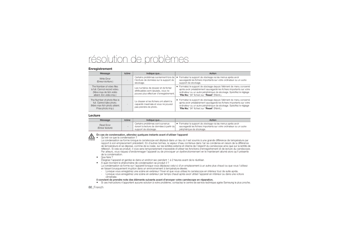 Samsung HMX-U10RP/EDC, HMX-U10BP/EDC, HMX-U10UP/EDC manual Enregistrement, Lecture 