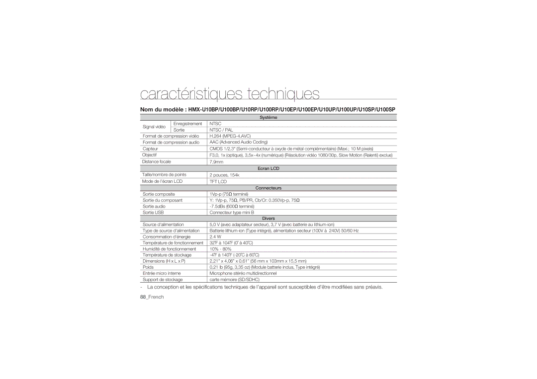 Samsung HMX-U10BP/EDC, HMX-U10RP/EDC, HMX-U10UP/EDC manual Caractéristiques techniques, Ntsc / PAL 