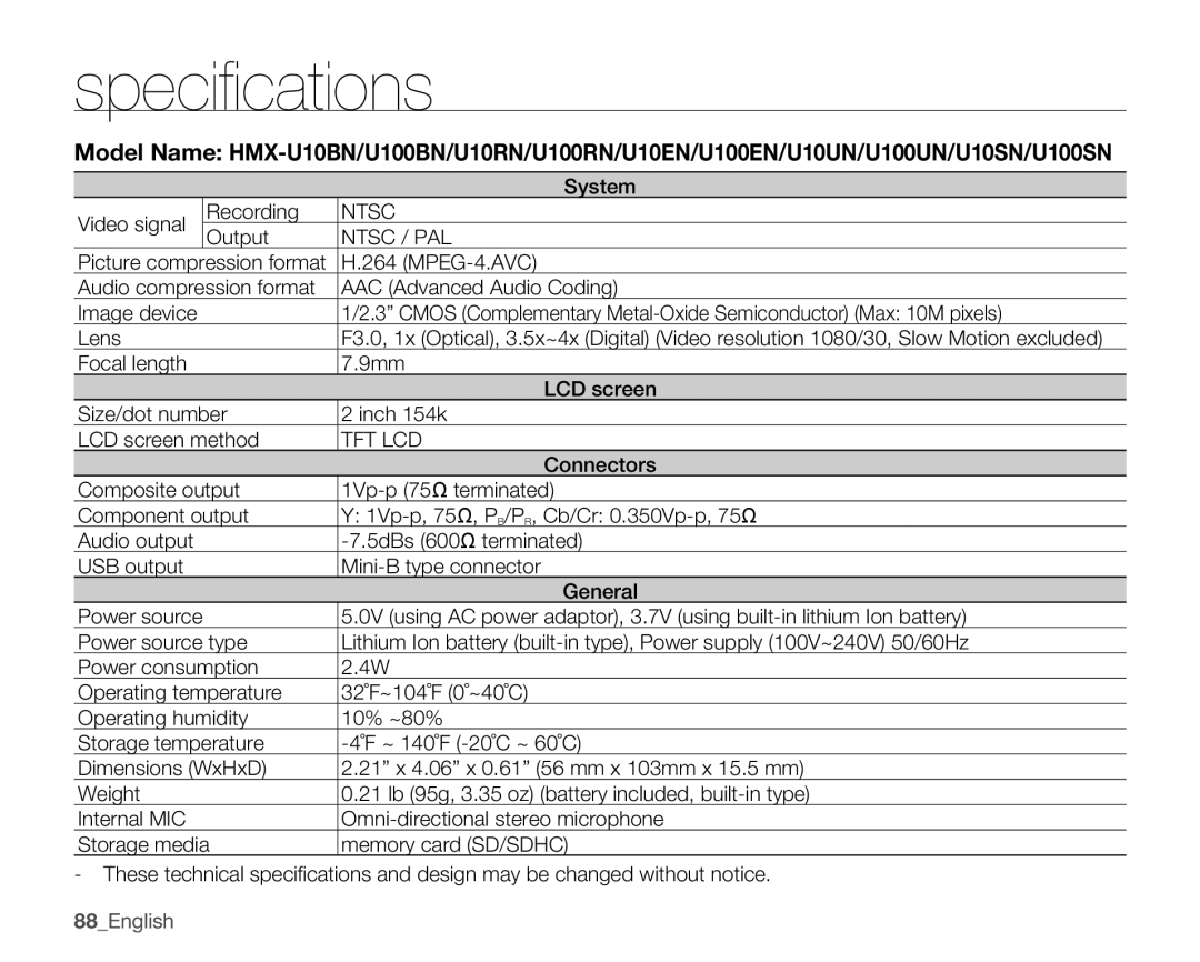 Samsung HMX-U10BN, HMX-U10EN, HMX-U100RN, HMX-U100UN Specifications, System, Video signal Recording, Output, Connectors 