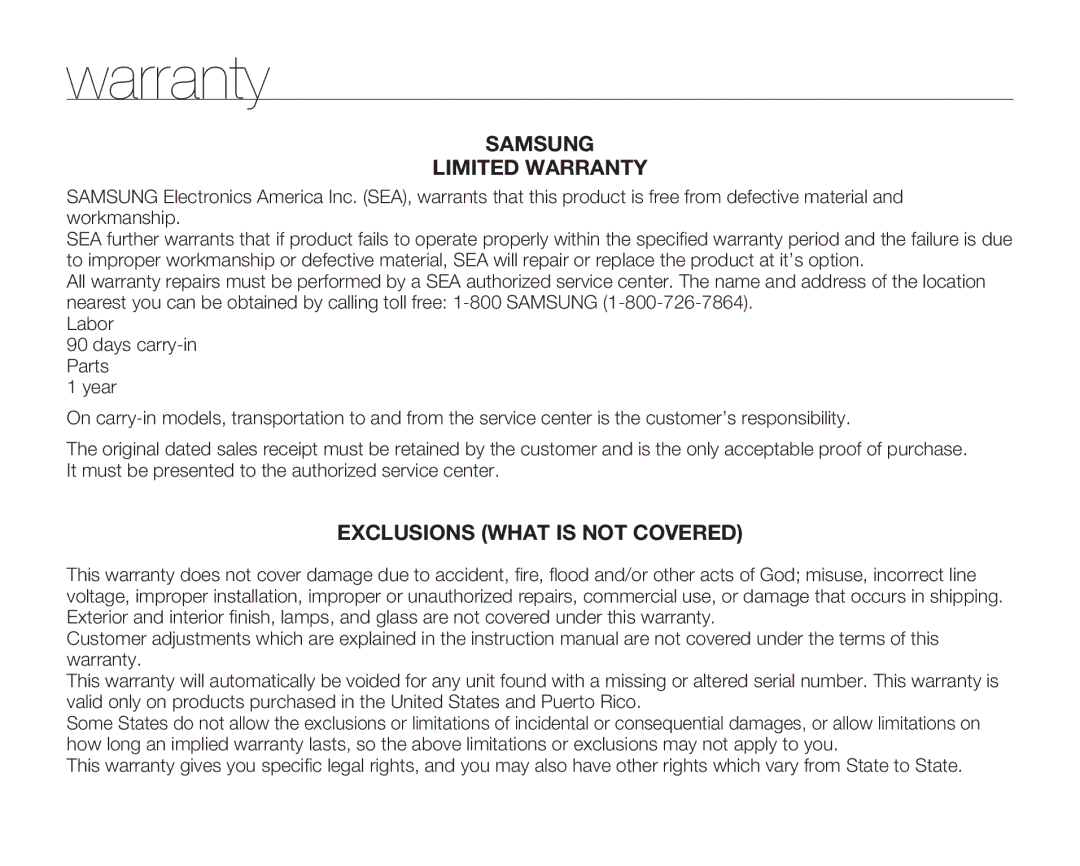 Samsung HMX-U10EN, HMX-U100RN, HMX-U100UN, HMX-U100EN, HMX-U10BN, HMX-U100BN, HMX-U100SN Samsung Limited Warranty 