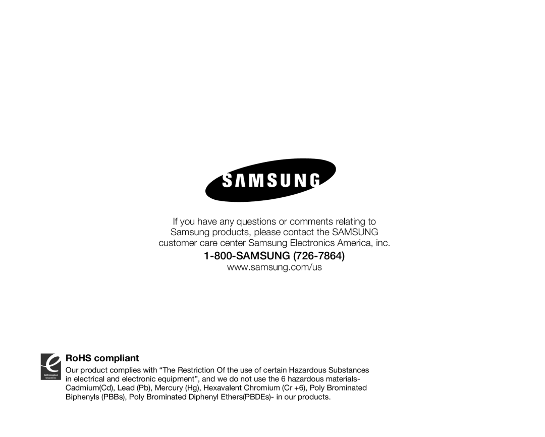 Samsung HMX-U100BN, HMX-U10EN, HMX-U100RN, HMX-U100UN, HMX-U100EN, HMX-U10BN, HMX-U100SN, HMX-U10UN Samsung, RoHS compliant 