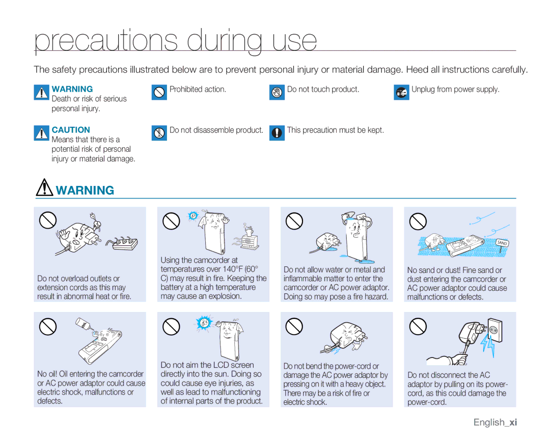 Samsung HMX-U10SN, HMX-U10EN, HMX-U100RN, HMX-U100UN, HMX-U100EN Precautions during use, This precaution must be kept 