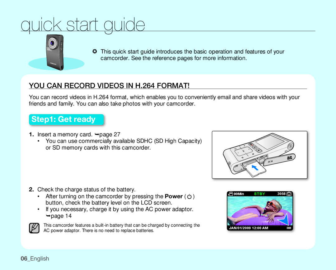 Samsung HMX-U100BN, HMX-U10EN, HMX-U100RN, HMX-U100UN, HMX-U100EN Quick start guide, YOU can Record Videos in H.264 Format 