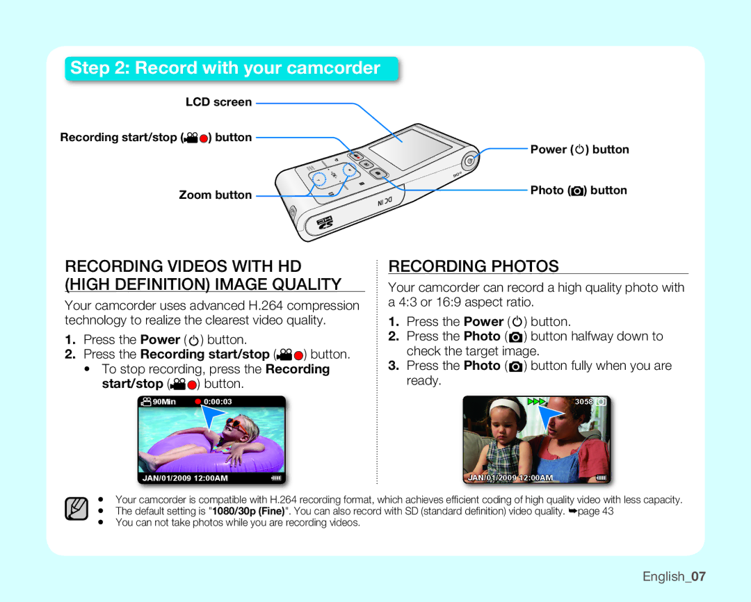 Samsung HMX-U100SN, HMX-U10EN Recording Videos with HD High Definition Image Quality, Recording Photos, Start/stop button 