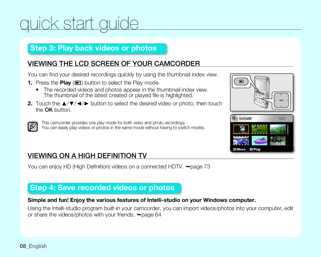 Samsung HMX-U10EN, HMX-U100RN, HMX-U100UN Viewing the LCD Screen of Your Camcorder, Viewing on a High Definition TV 