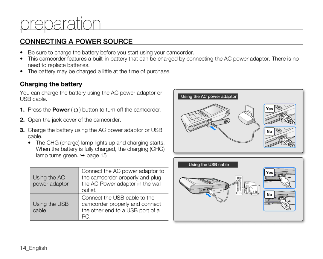 Samsung HMX-U100UN, HMX-U10EN, HMX-U100RN, HMX-U100EN, HMX-U10BN, HMX-U100BN Connecting a Power Source, Charging the battery 