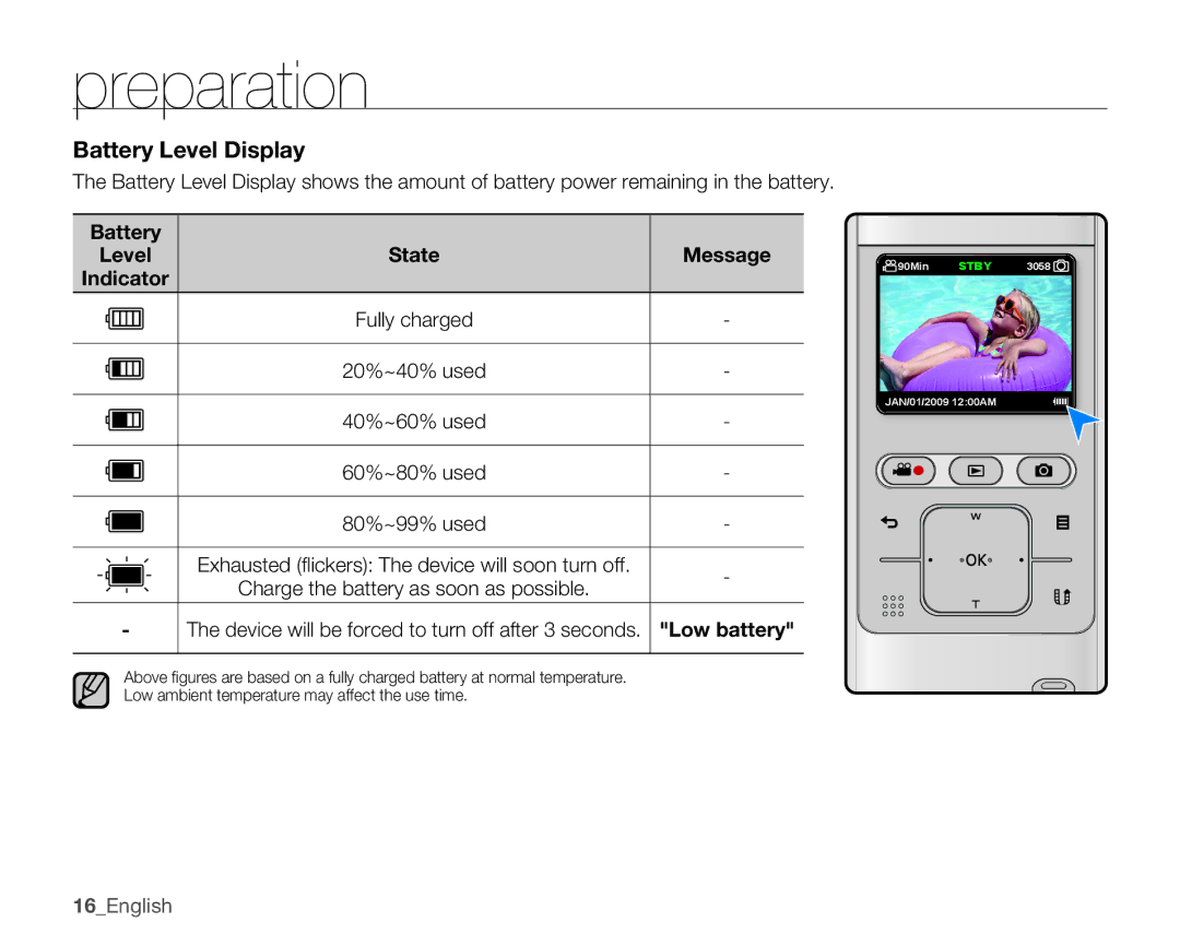 Samsung HMX-U10BN, HMX-U10EN, HMX-U100RN, HMX-U100UN, HMX-U100EN, HMX-U100BN, HMX-U100SN, HMX-U10UN Battery Level Display 