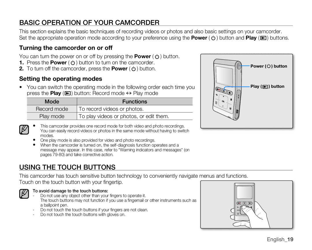 Samsung HMX-U100SN, HMX-U10EN Basic Operation of Your Camcorder, Using the Touch Buttons, Turning the camcorder on or off 