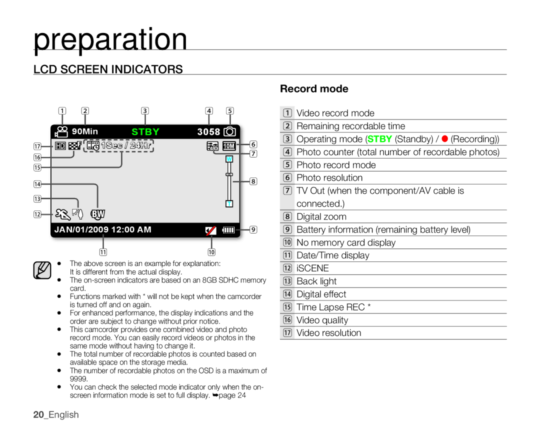 Samsung HMX-U10EN, HMX-U100RN, HMX-U100UN, HMX-U100EN, HMX-U10BN, HMX-U100BN, HMX-U100SN LCD Screen Indicators, Record mode 