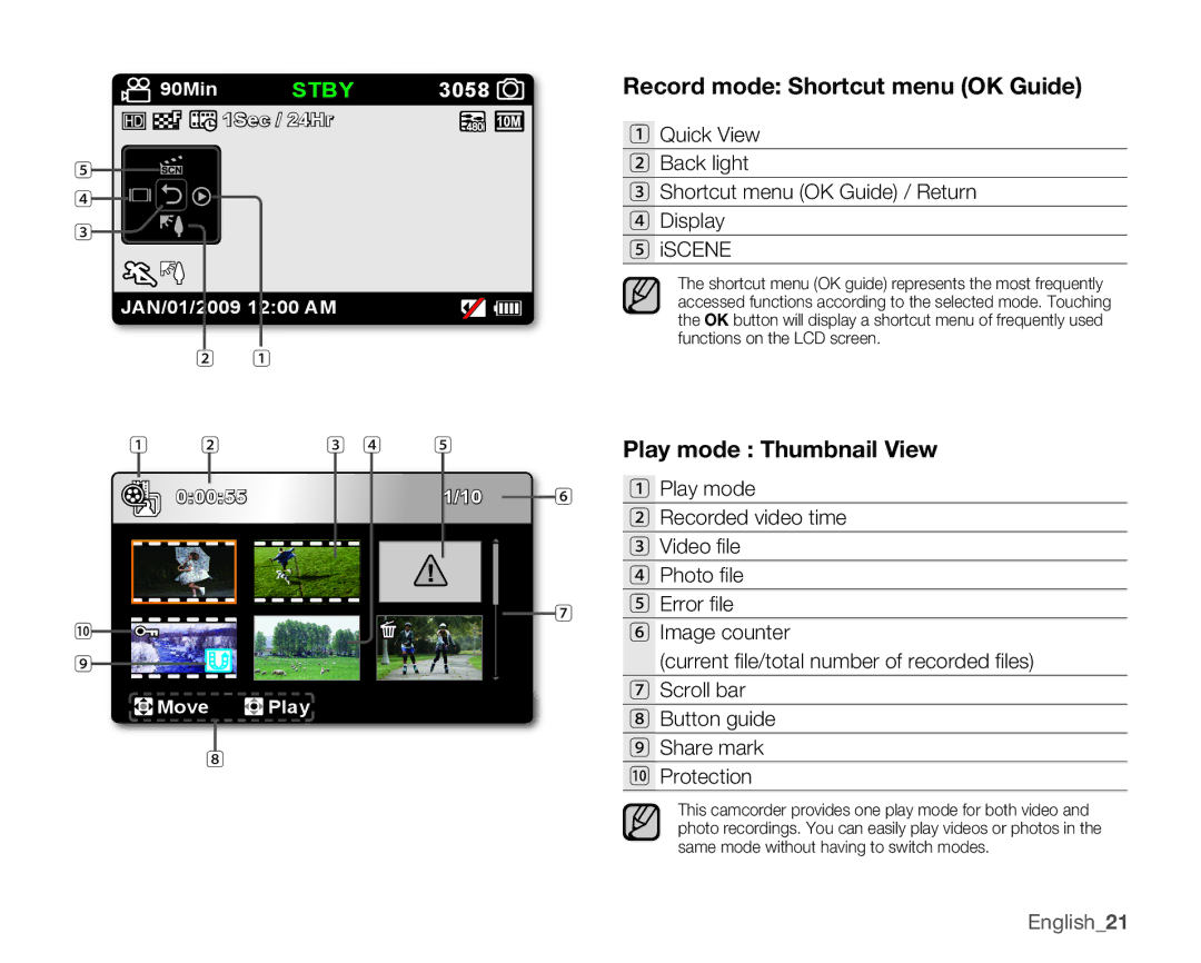 Samsung HMX-U10UN, HMX-U10EN, HMX-U100RN, HMX-U100UN, HMX-U100EN Record mode Shortcut menu Ok Guide, Play mode Thumbnail View 