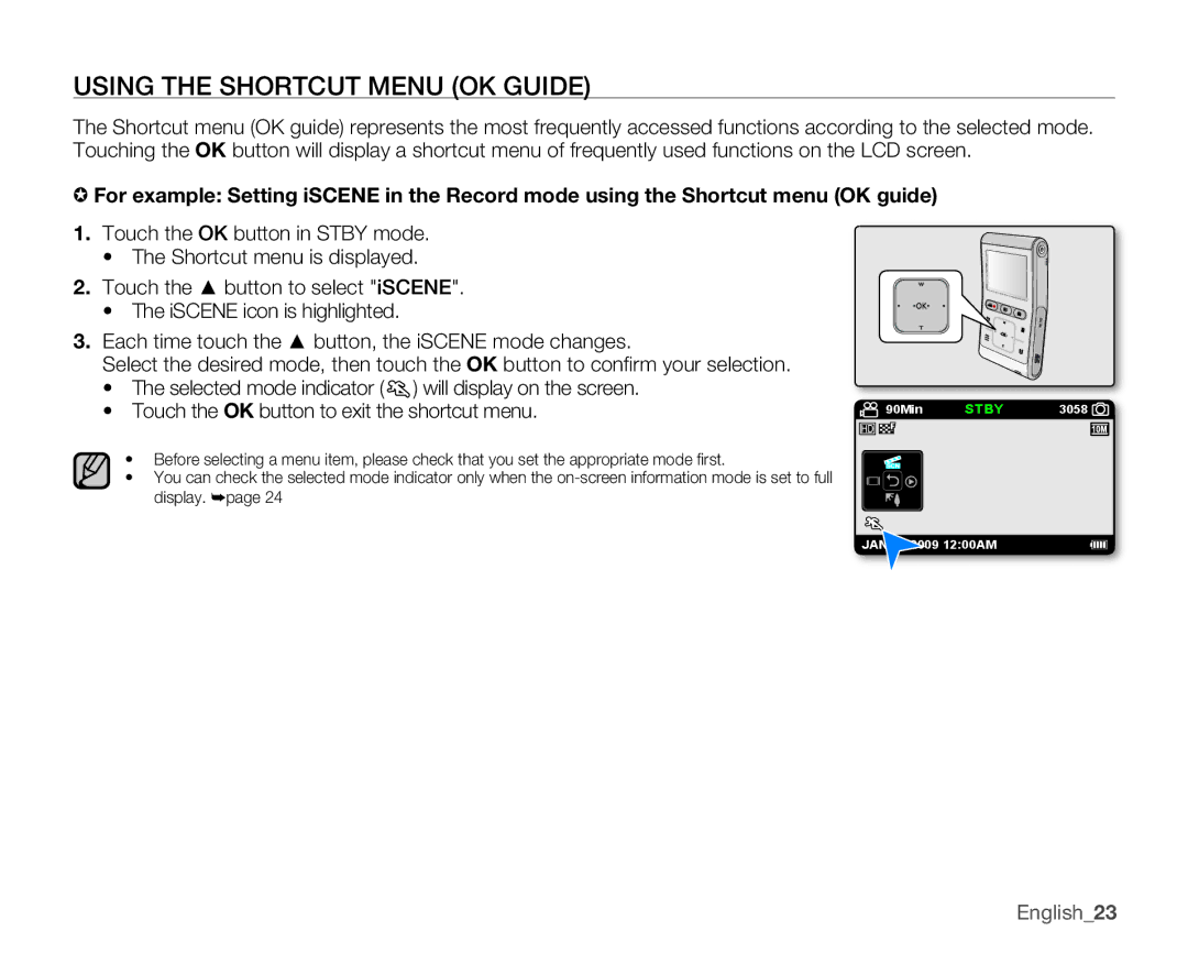 Samsung HMX-U10SN, HMX-U10EN, HMX-U100RN, HMX-U100UN, HMX-U100EN, HMX-U10BN, HMX-U100BN Using the Shortcut Menu OK Guide 