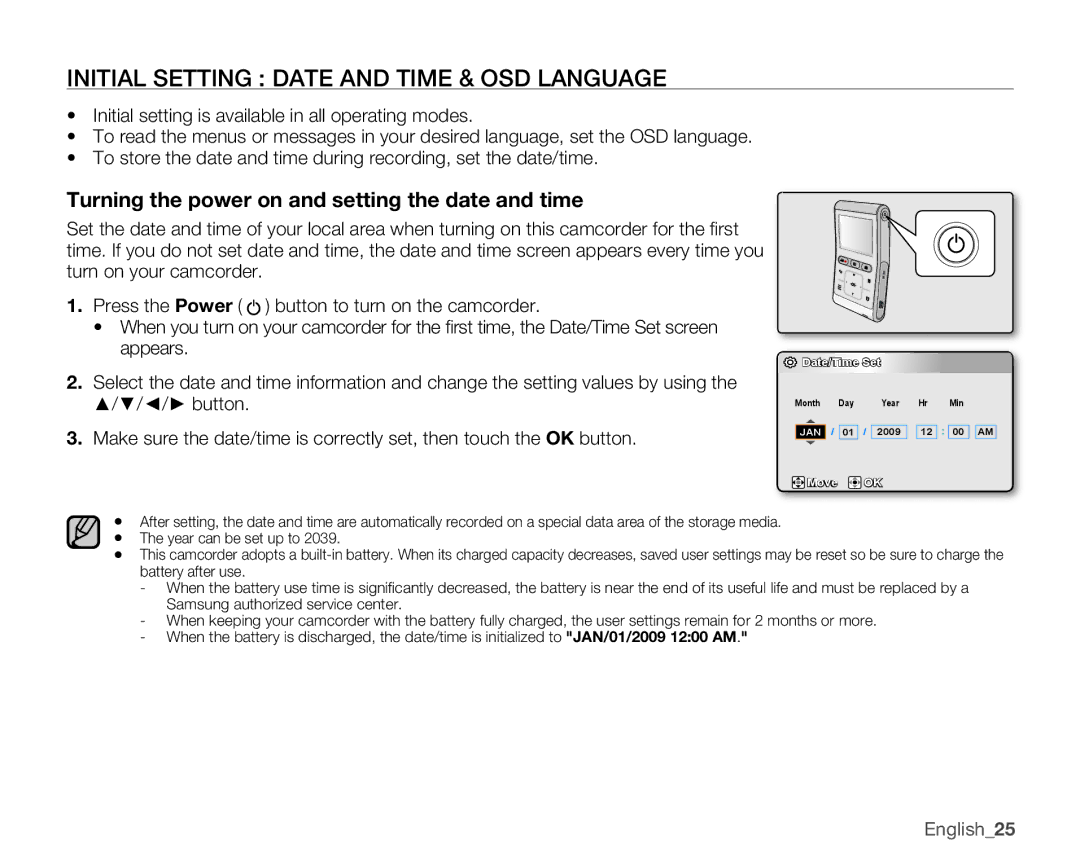 Samsung HMX-U100RN Initial Setting Date and Time & OSD Language, Turning the power on and setting the date and time 