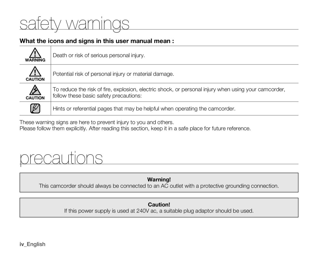 Samsung HMX-U10BN, HMX-U10EN, HMX-U100RN, HMX-U100UN Safety warnings, Precautions, Follow these basic safety precautions 