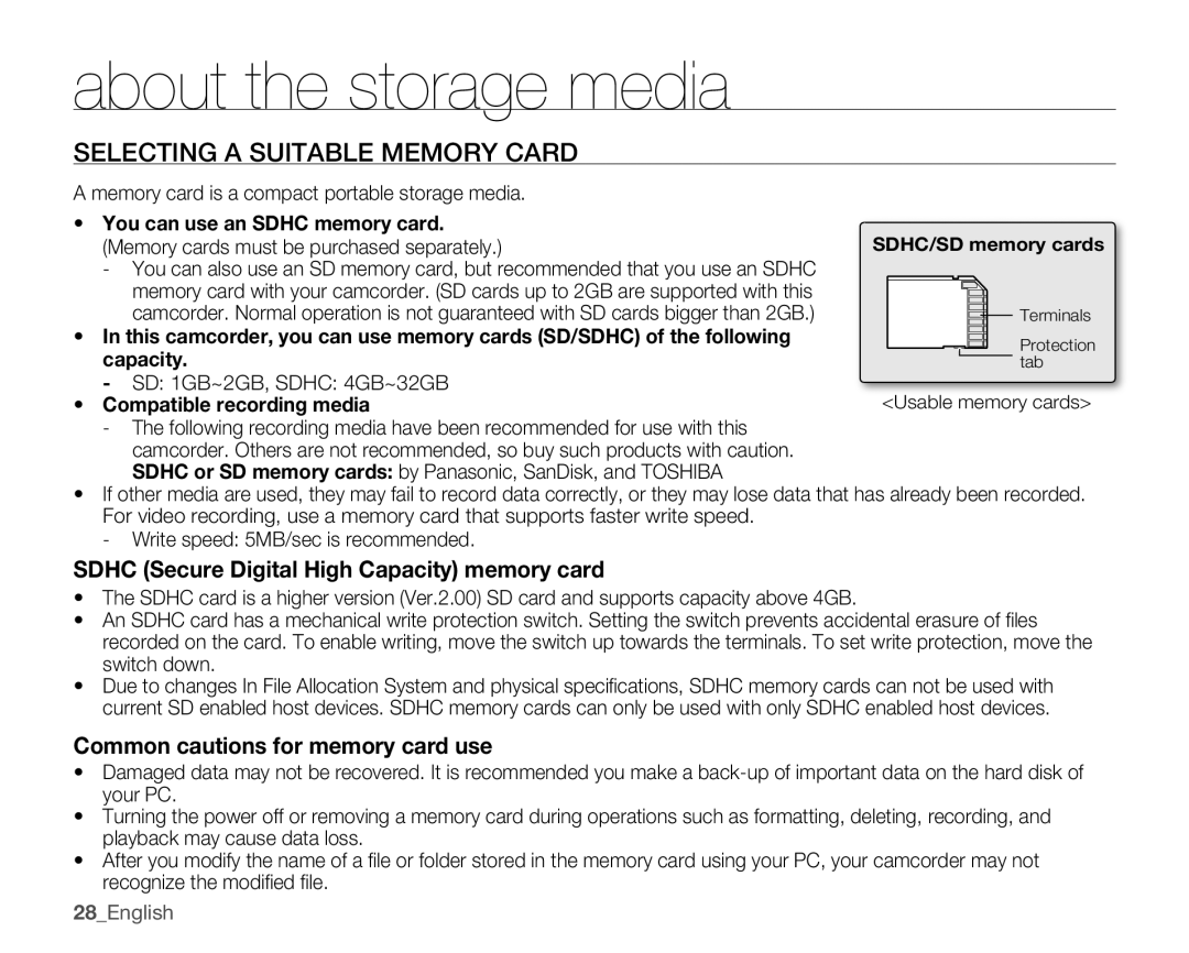 Samsung HMX-U10BN, HMX-U10EN, HMX-U100RN Selecting a Suitable Memory Card, Sdhc Secure Digital High Capacity memory card 