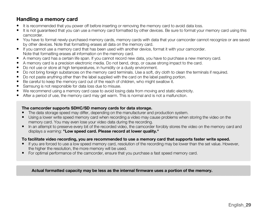 Samsung HMX-U10EN, HMX-U100RN Handling a memory card, Camcorder supports SDHC/SD memory cards for data storage 